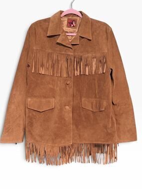 Vintage 90s Marlboro Red Star Tan Suede Fringe Jacket XL